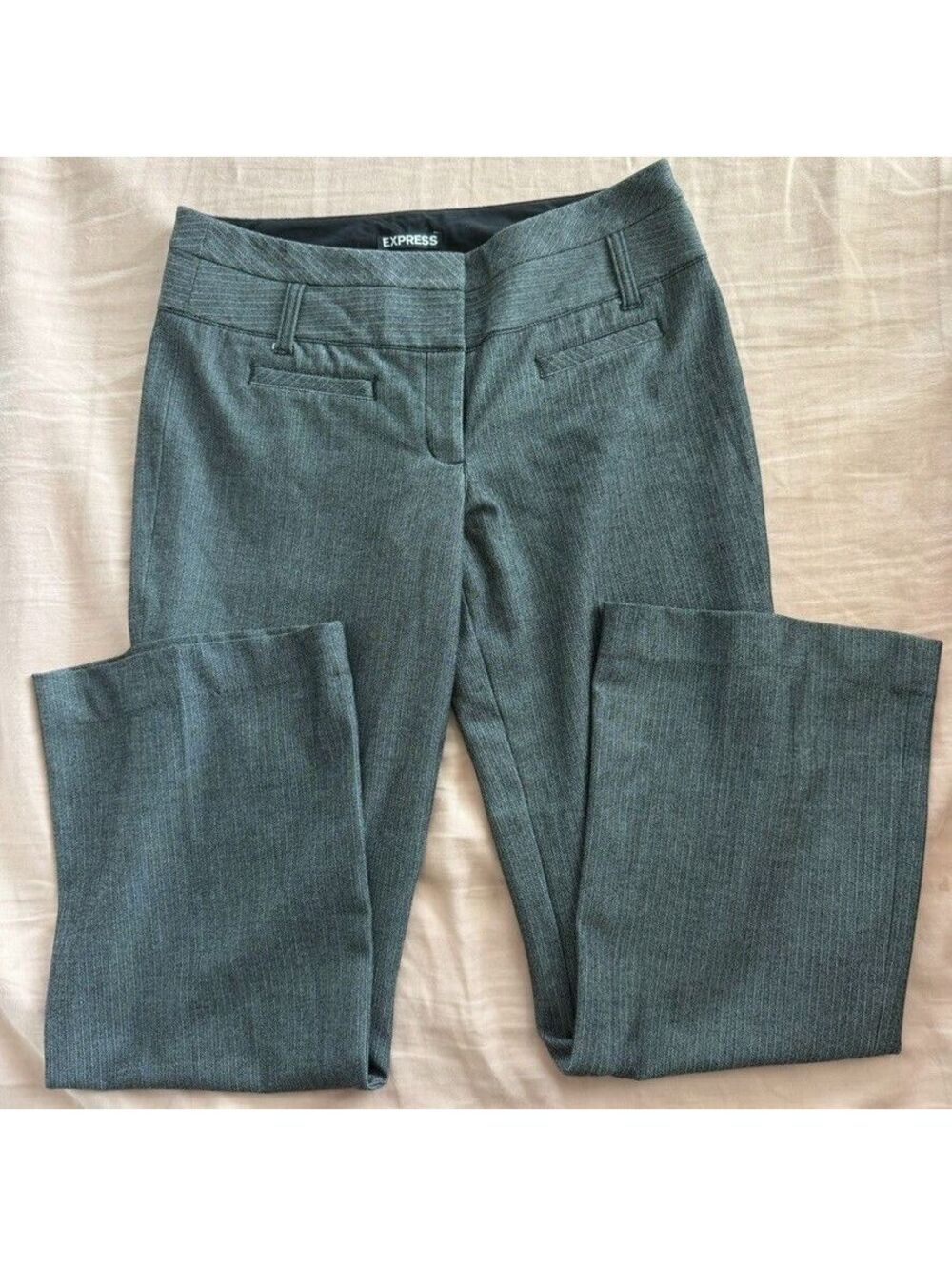 Express Editor Flare Pants Gray Herringbone Mid Rise Work Trousers Size 4R